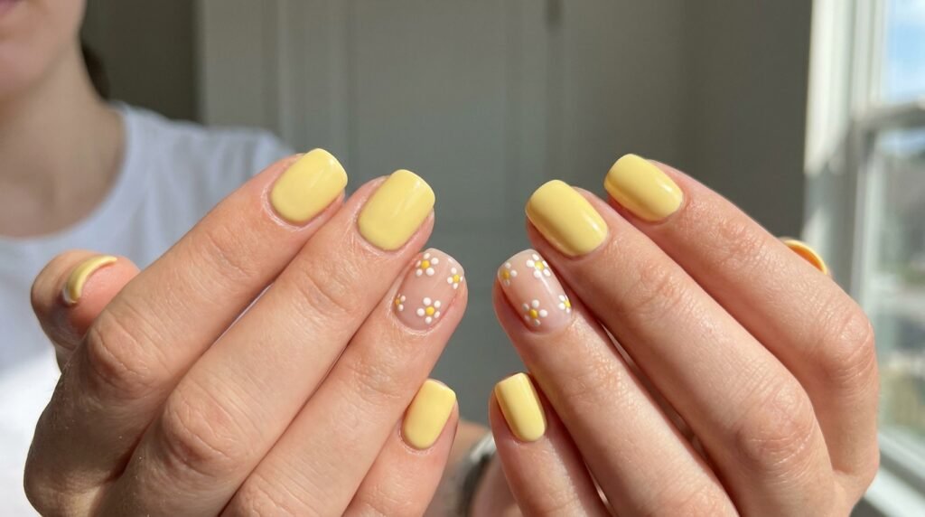 Macro photography of neatly painted butter yellow gel nails resting against a cream sweater.