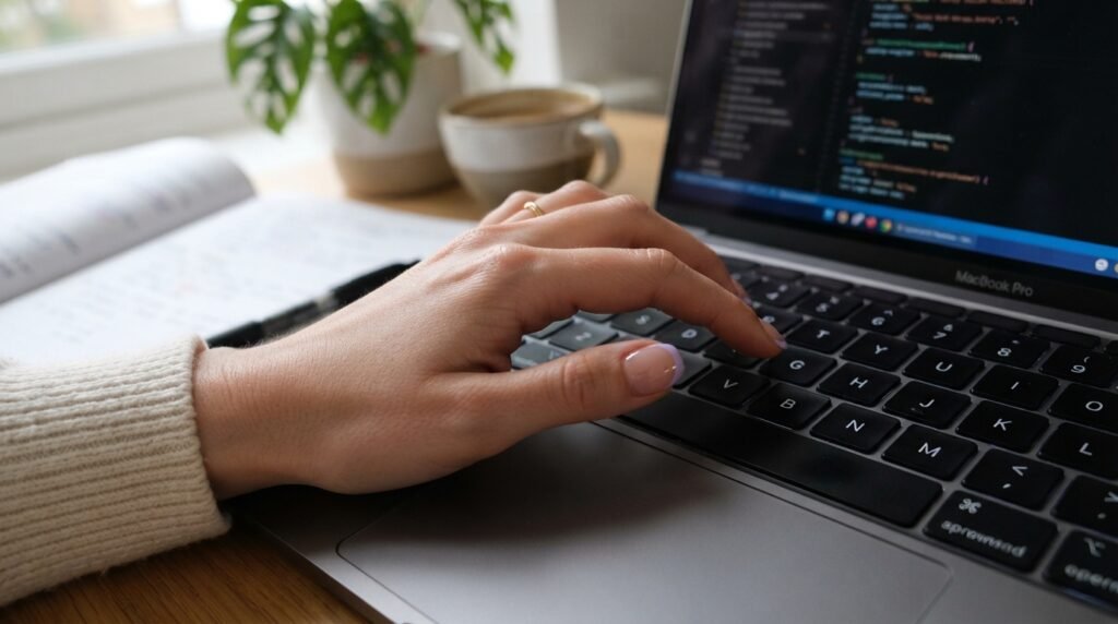 Close-up of short round nails typing on a laptop keyboard, featuring paper-thin pastel lavender French tips over a clear base.
