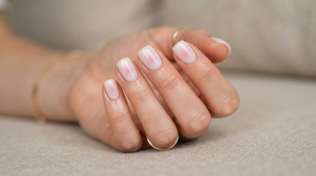 Short natural nails with a sheer milky white base and soft pink gradient blush at the center.
