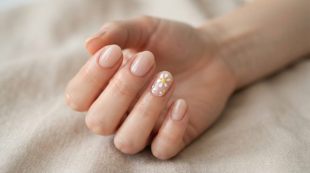 Short round nails with a sheer pink base and tiny hand-painted daisy dot accents on the ring fingers.
