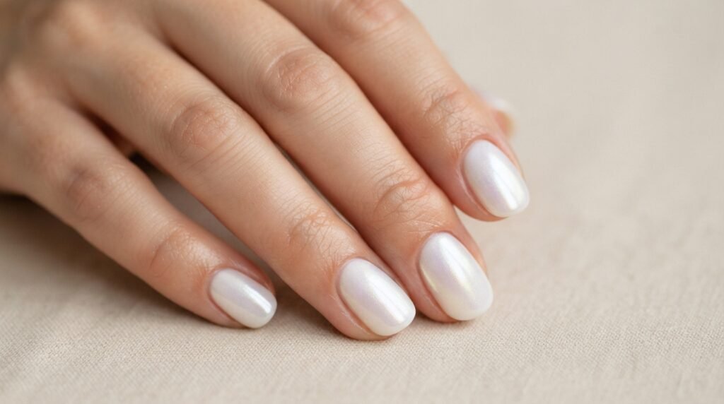 Short oval nails with a milky white glazed chrome finish and subtle pearlescent shine.
