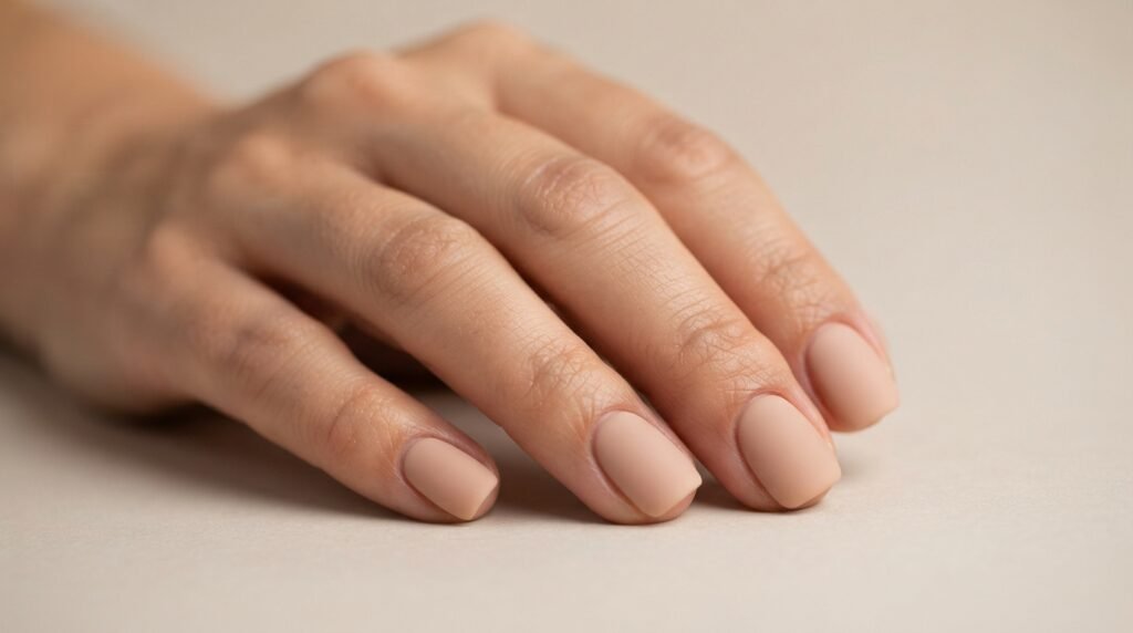 Short square nails in solid nude polish with a smooth matte top coat finish.