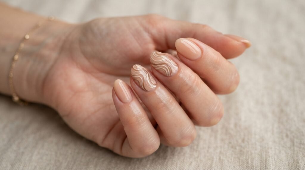 Almond-shaped nude nails with fine hand-drawn swirl line art in cream and mocha tones on accent fingers.