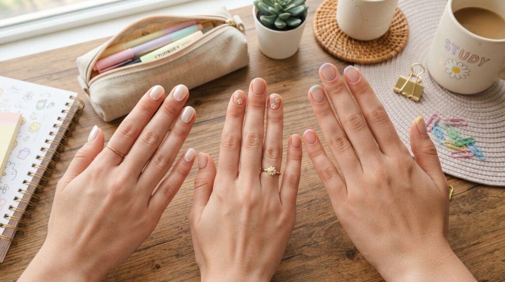 Flatlay of three hands displaying short minimalist nail designs including micro French tips, floral dots, and pearl finishes.