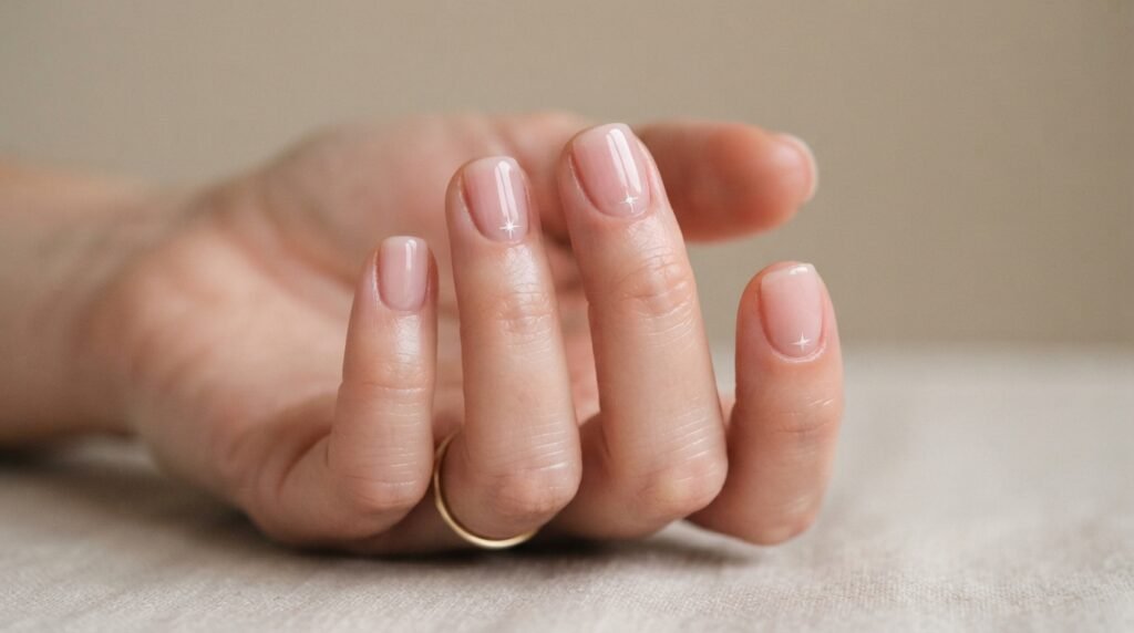 Short square nails with a sheer pink base and a small white starburst accent near the cuticle.