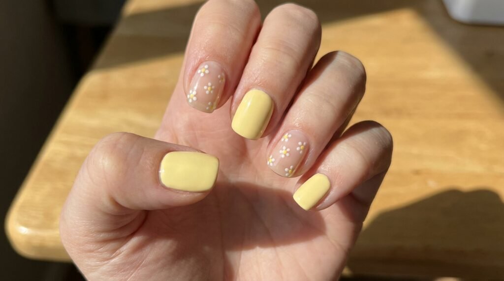 Short squoval nails painted in solid butter yellow cream with tiny minimalist micro daisy art on nude accent nails.