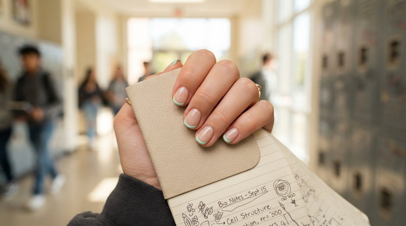 A teenager's hand holding a notebook with short squoval nails featuring ultra-thin mint green micro French tips over a sheer nude base.