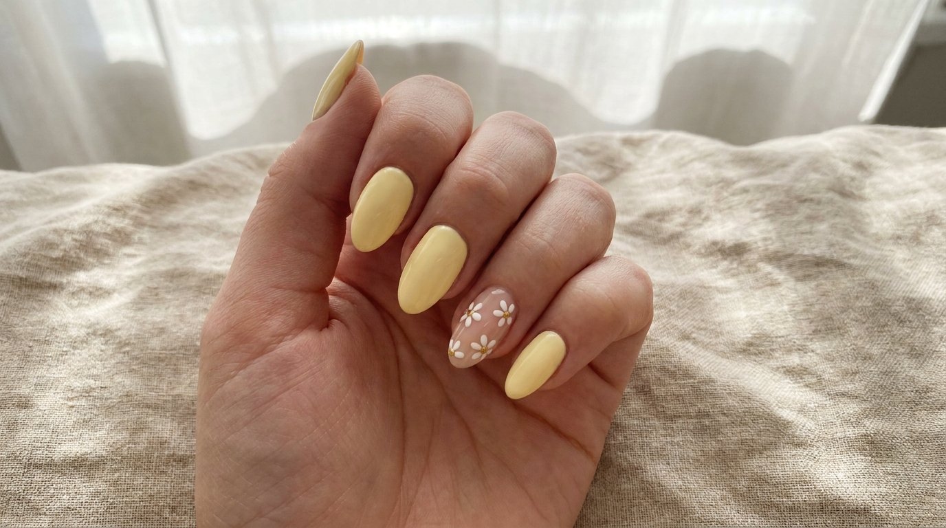 Close-up of almond-shaped nails featuring soft butter yellow polish and delicate white daisy nail art on an accent nail.