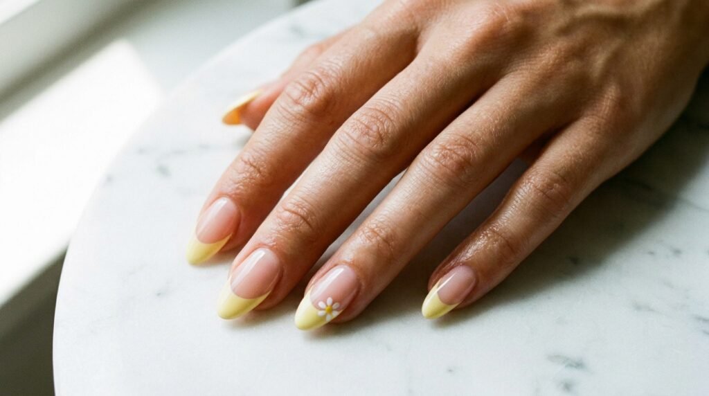 Medium almond nails featuring butter yellow French tips decorated with a small white daisy design on the smile line.