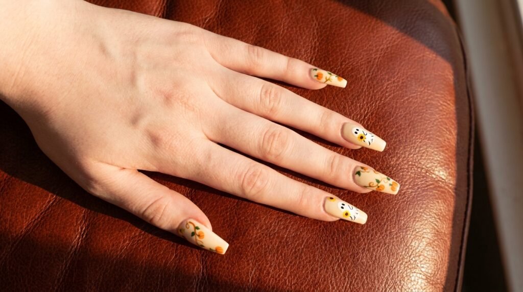 Long coffin nails with cream base, yellow sunflowers, and cute ghosts on smooth white skin.