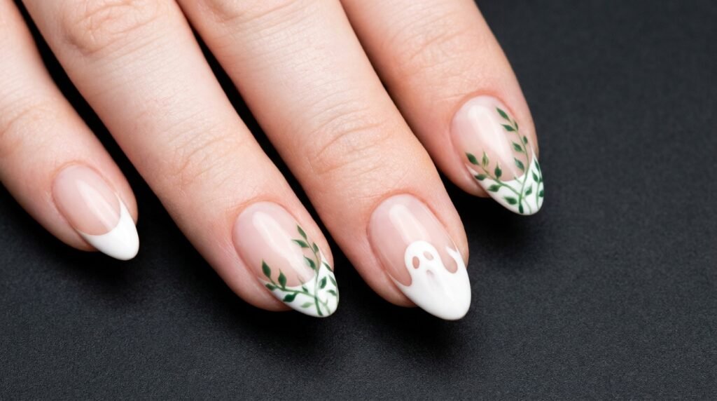 Almond French manicure with a ghost-shaped tip and green vine accents on white skin.