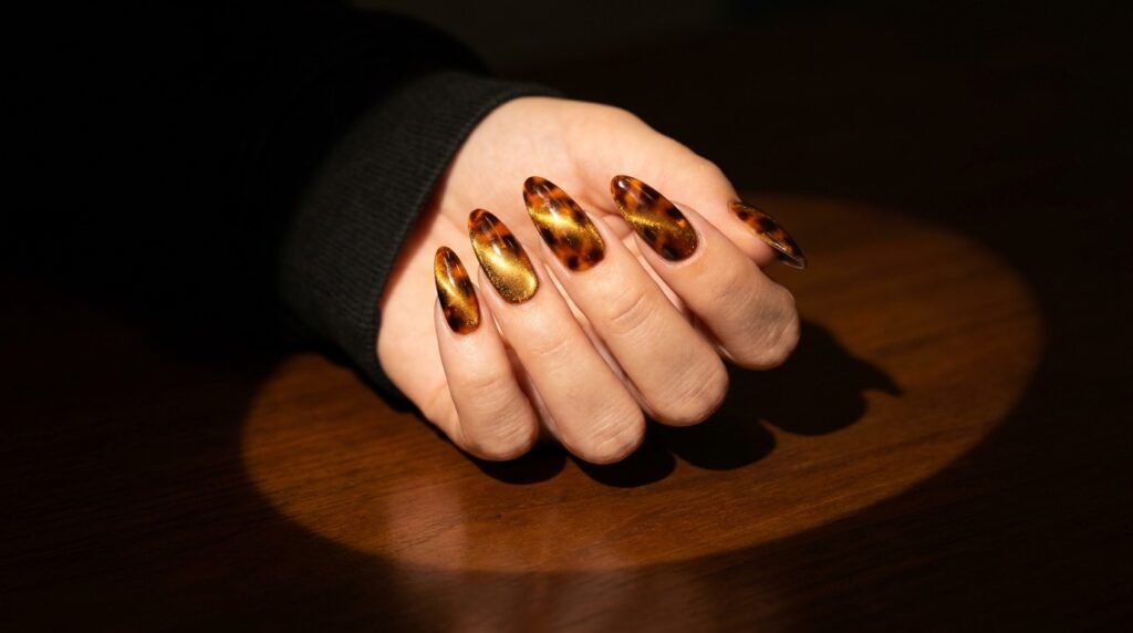 Long almond nails featuring a shimmering magnetic gold cat-eye base under tortoiseshell spots.