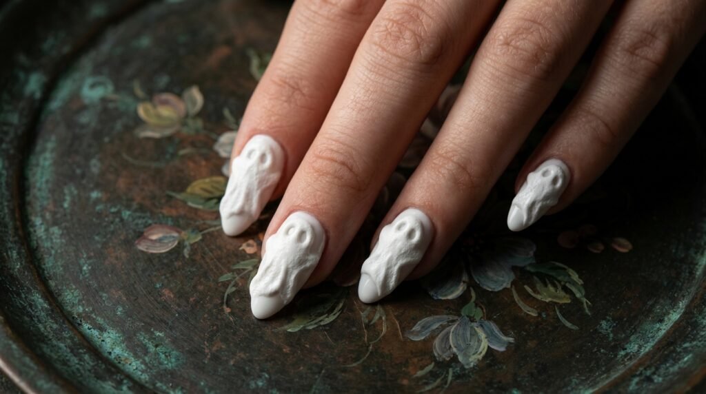 Long almond nails with flat floral painting and a raised 3D white gel ghost on white skin.