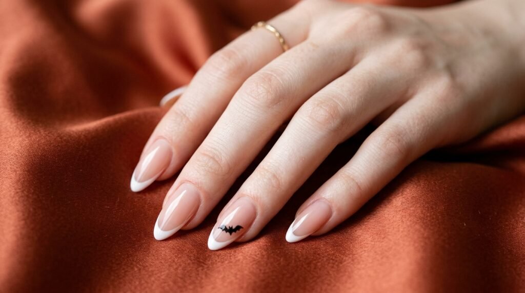 Female hand with very white skin showing long almond sheer pink French nails with a small black bat detail.