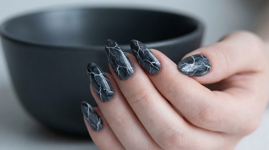Detailed view of fine white lightning veins over dark smoky marble nails on an 18-year-old female hand.