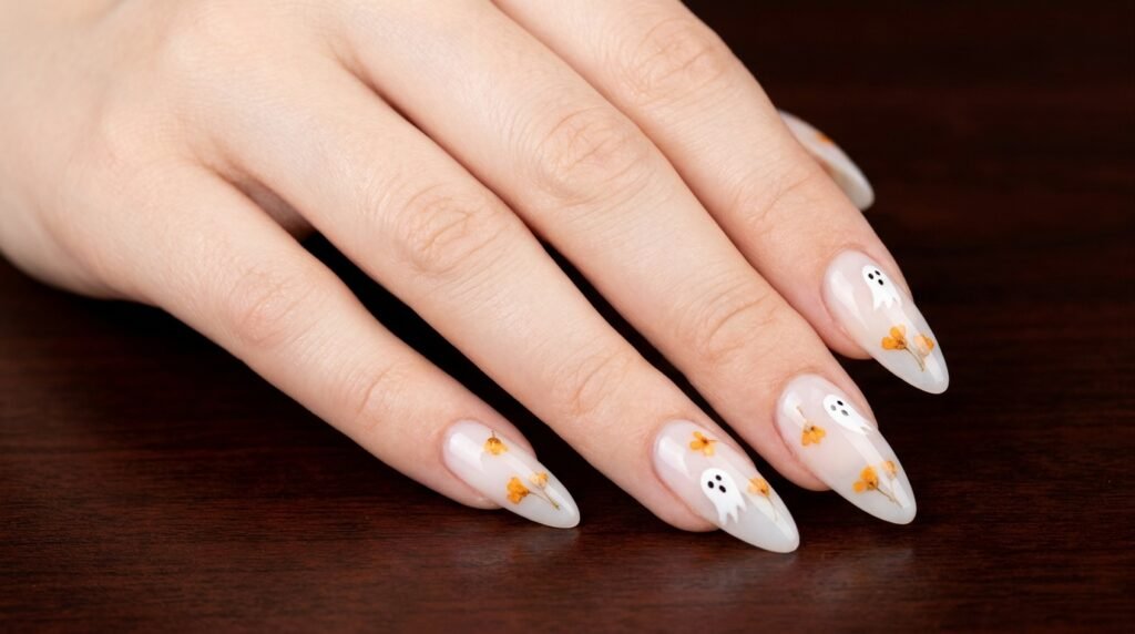 Milky translucent almond nails with encapsulated flowers and floating ghost shapes on white skin.