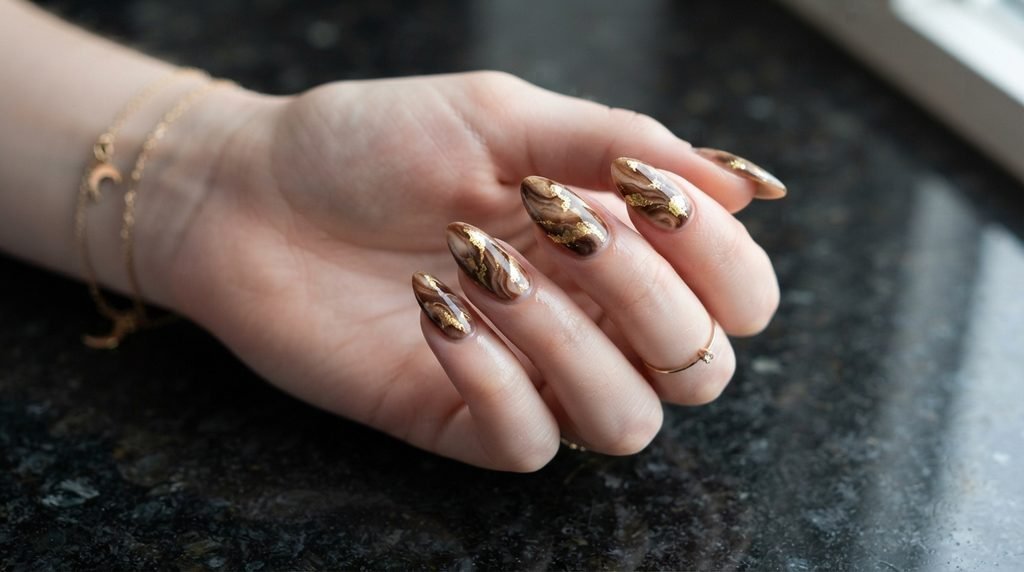 Mocha and caramel marble nail art with gold leaf veins on white skin.