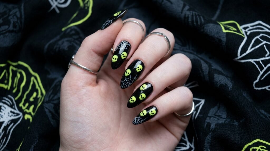 Acid yellow skull nail art with white spiderwebs on long almond nails on white skin hand.