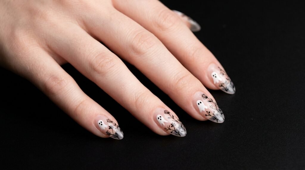 Medium almond nails with negative space, white specter bases, and black vine art on white skin.