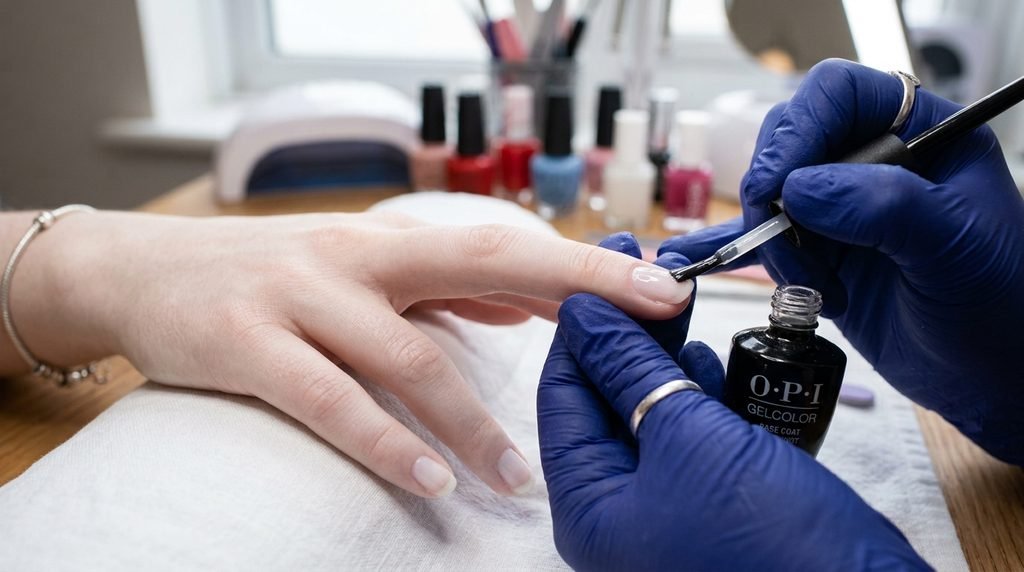 Clear base gel being applied to almond nail on white skin tone.