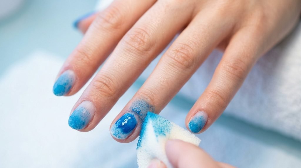 Macro close-up of coffin nail with icy blue ombré and intense silver iridescent glitter against sequin background.