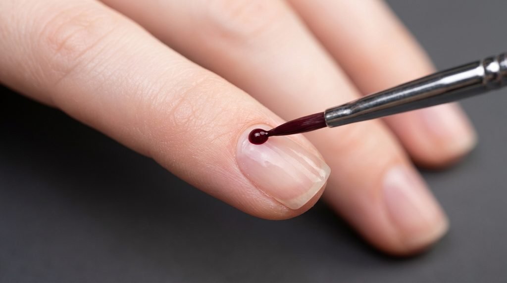A macro close-up photograph. A gel polish brush with a tiny bead of burgundy polish approaches the neat cuticle area of a fingernail, illustrating precise application to avoid flooding. Neutral gray background.