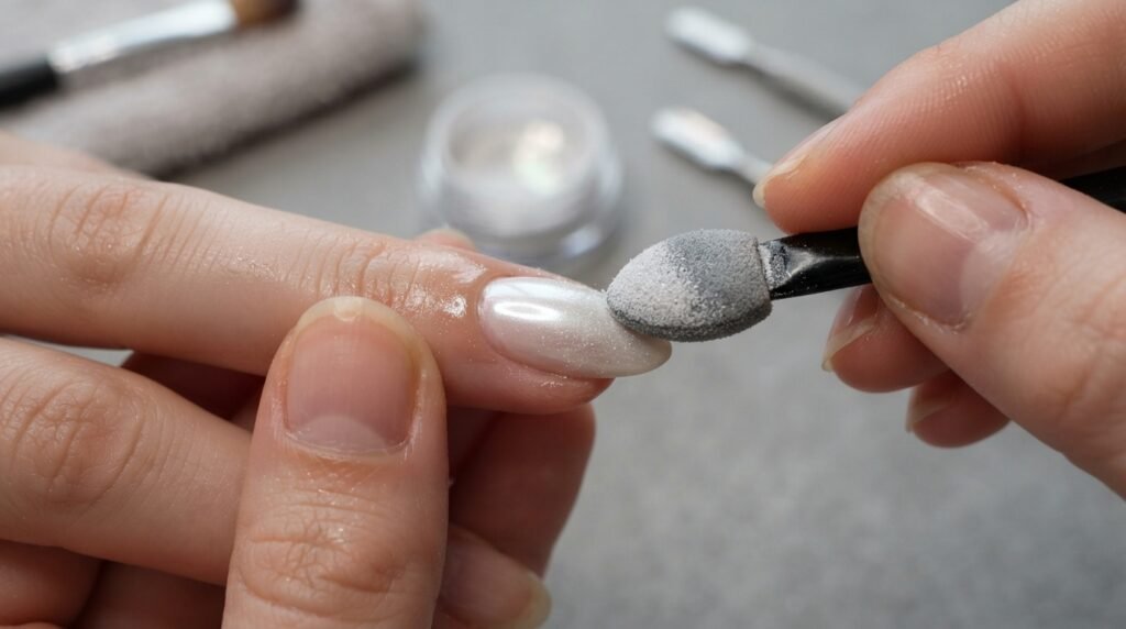 Macro image showing a sponge applicator applying pearl chrome powder to a glossy almond nail for a glazed effect.