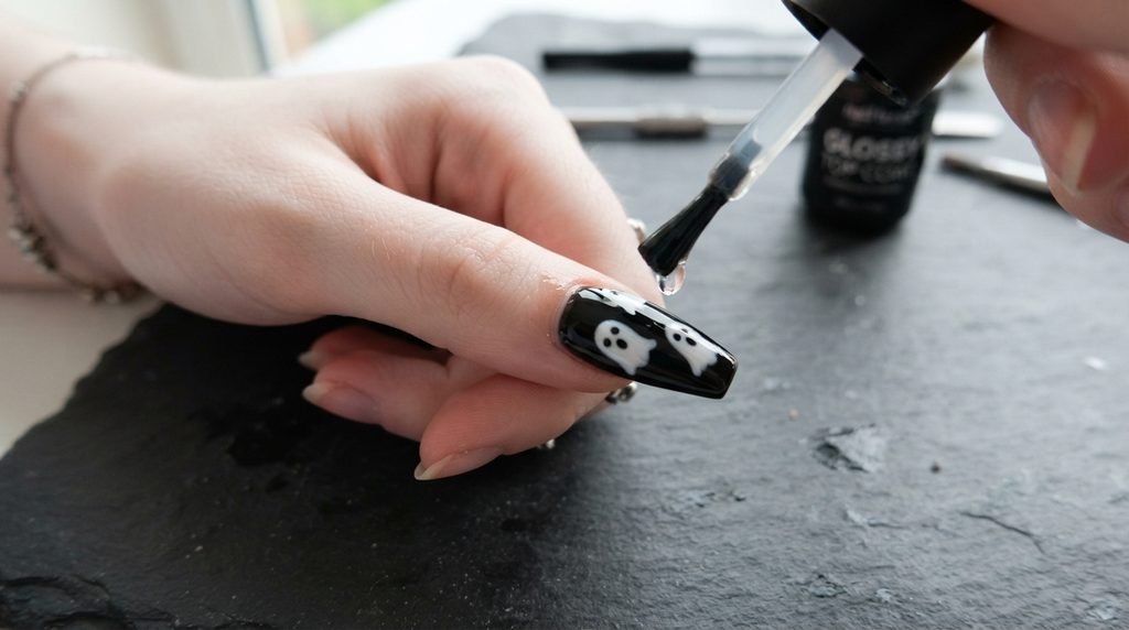 Brush applying high-gloss clear top coat onto ghost art black nail on white skin hand.