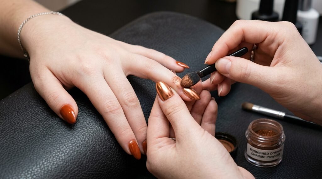Copper chrome powder burnished onto burnt orange nails on 18-year-old female hand with pale skin.