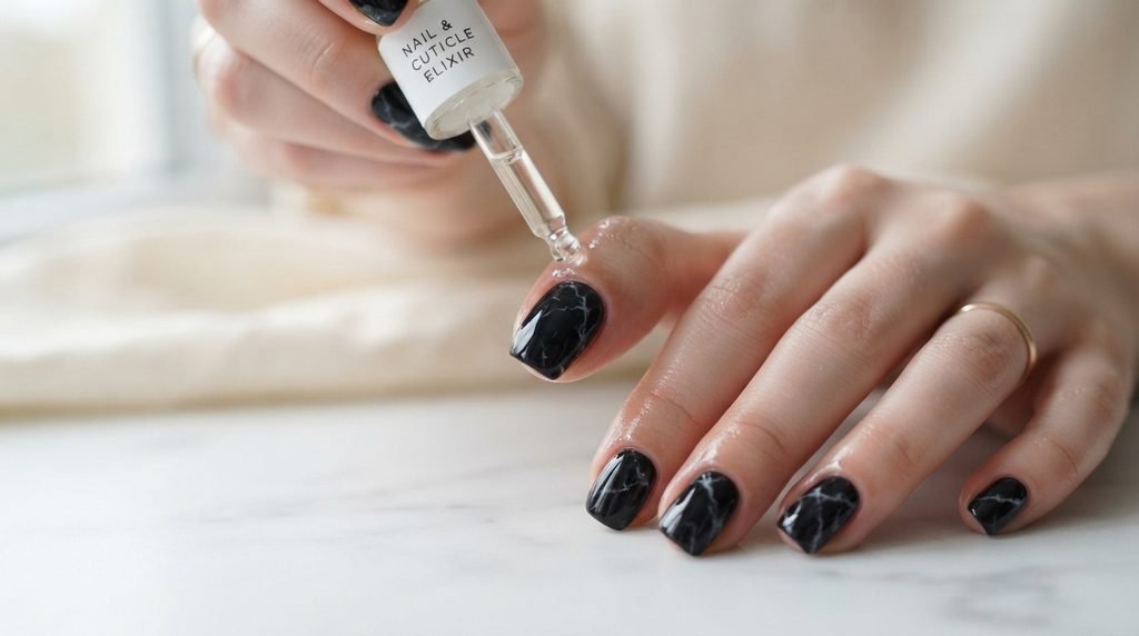 Applying oil to cuticles on a glossy smoky black marble manicure on an 18-year-old female hand.