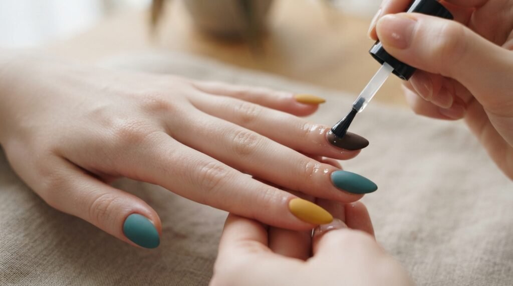 Applying cuticle oil to all 5 fingers of a female hand with mismatched matte nails.