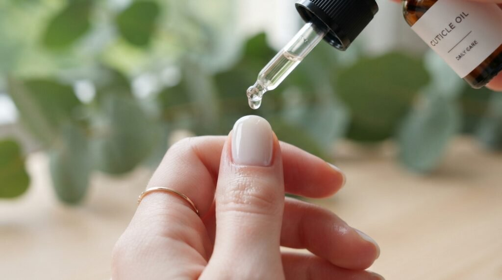 Tight close-up of a thumb nail receiving a drop of cuticle oil to maintain shine and hydration.