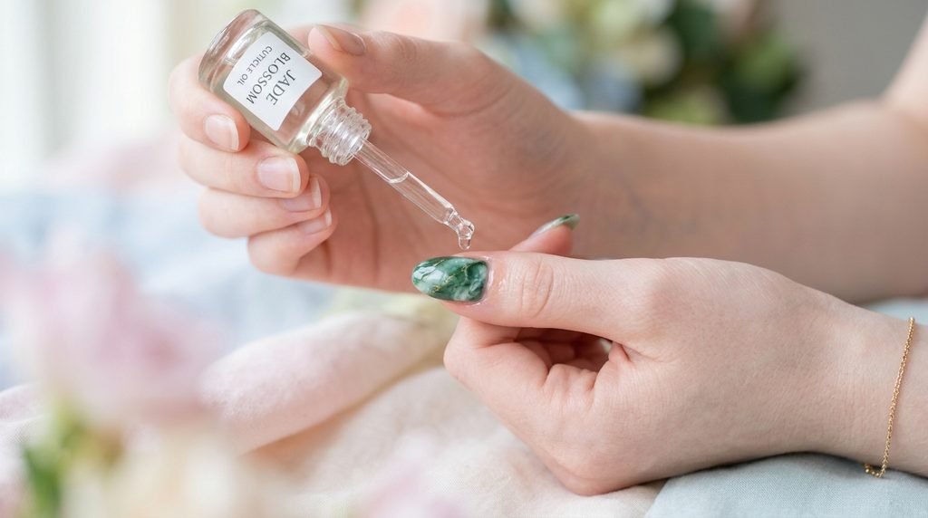 Applying cuticle oil around a manicured jade marble nail.