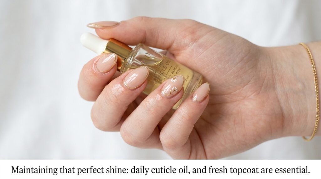 Close-up of female hand with very white skin holding a cuticle oil bottle next to flawless high-gloss sheer nude and gold outline almond nails.