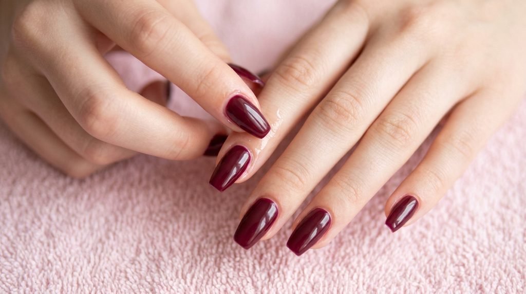 Cuticle oil being applied to dark burgundy coffin nails on an 18-year-old white hand over a pink towel.