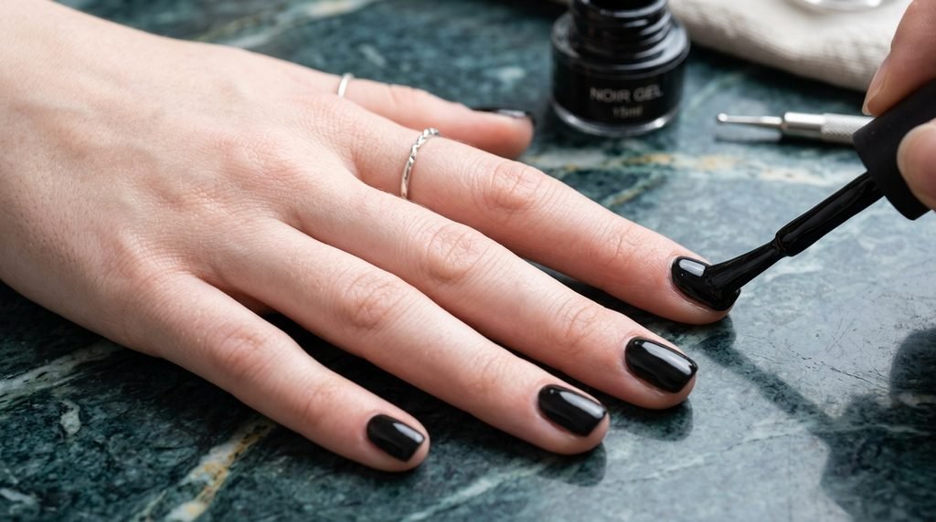 Application of black base gel polish on an eighteen-year-old female hand with very white skin against dark teal marble.
