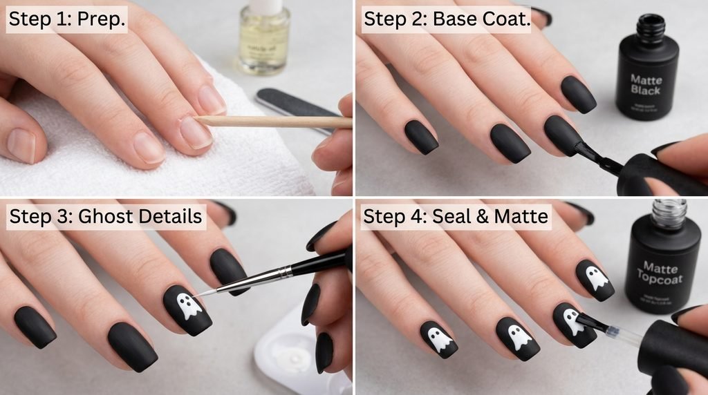 Four-step visual grid showing prep, base, art, and topcoat steps on a hand with very white skin.