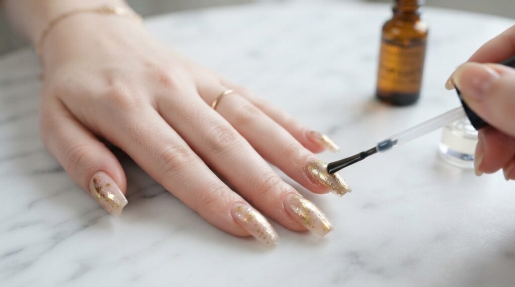 An 18-year-old female hand with very white skin receiving top coat over gold splatter on a coffin nail.