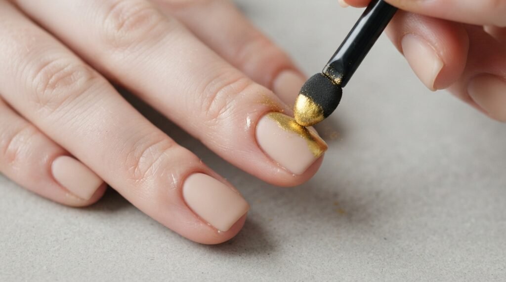 Close-up of an 18-year-old female hand with very white skin receiving gold chrome powder application over a nude matte nail.