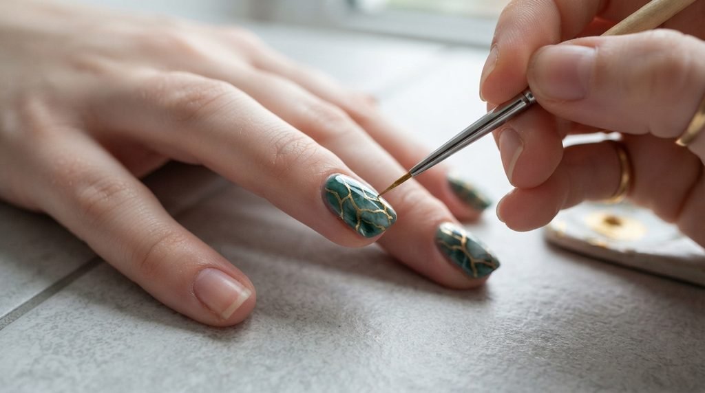 Fine liner brush drawing gold metallic lines on a jade marble nail.
