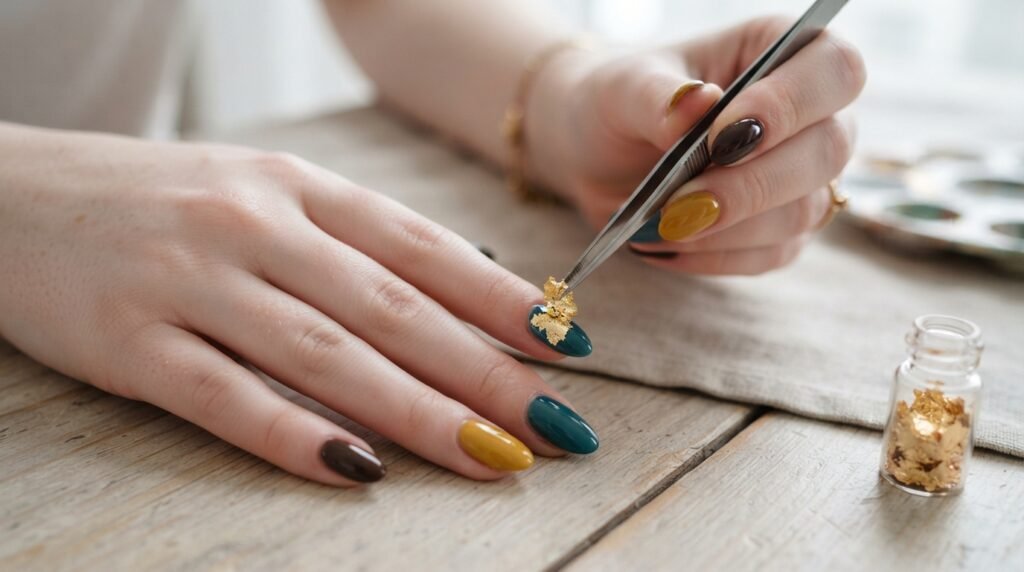 Hand with 5 base-painted nails receiving gold foil application using tweezers.