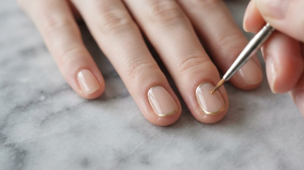 Macro close-up showing three fingers with very white skin illustrating the stages of applying sheer nude polish and precise gold outlines to almond nails.