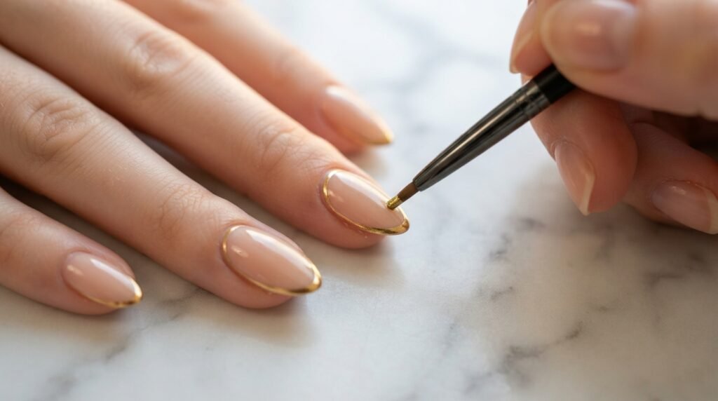 Macro shot of fine detail nail brush applying precise thin gold line rim to sheer nude almond nail on very white skin.