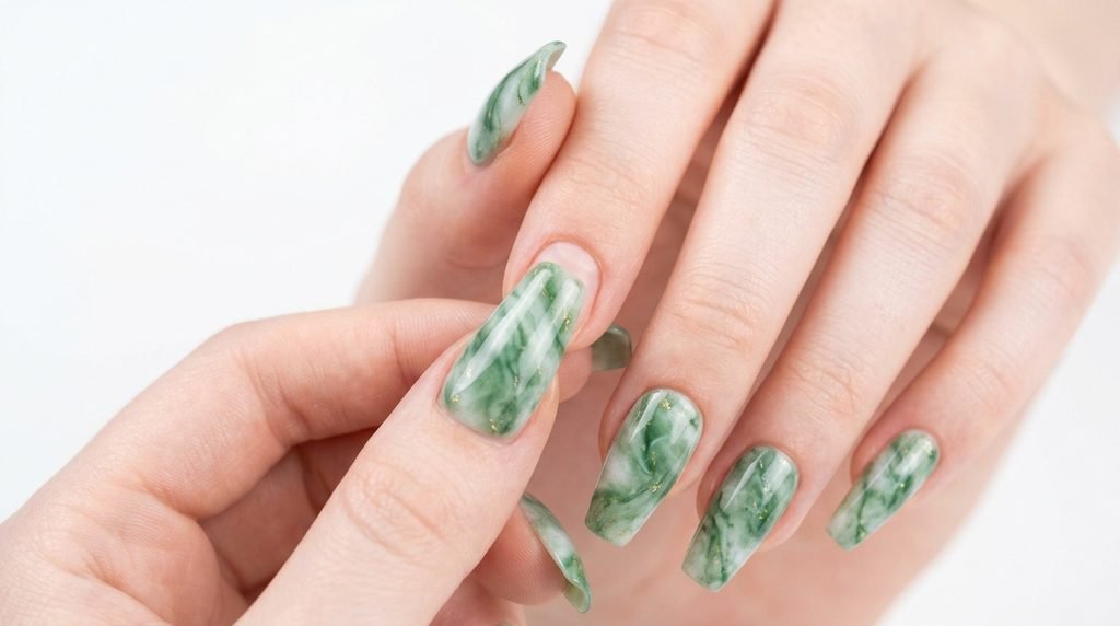Applying a green jade marble press-on nail onto natural nail.