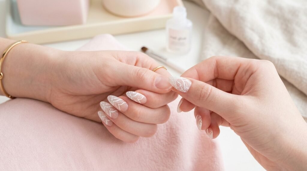 Female hand with very white skin applying hand-painted white lace press on nails.