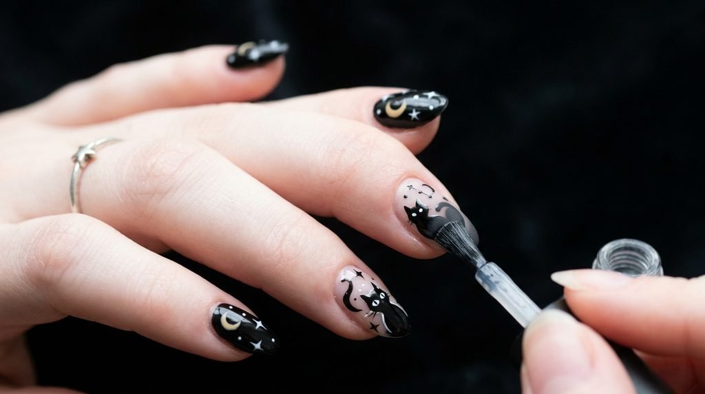 Matte top coat application over black cat nail art on white skin tone.