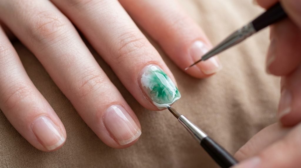 Nail art detail brush blending white smoke gel on a nail.