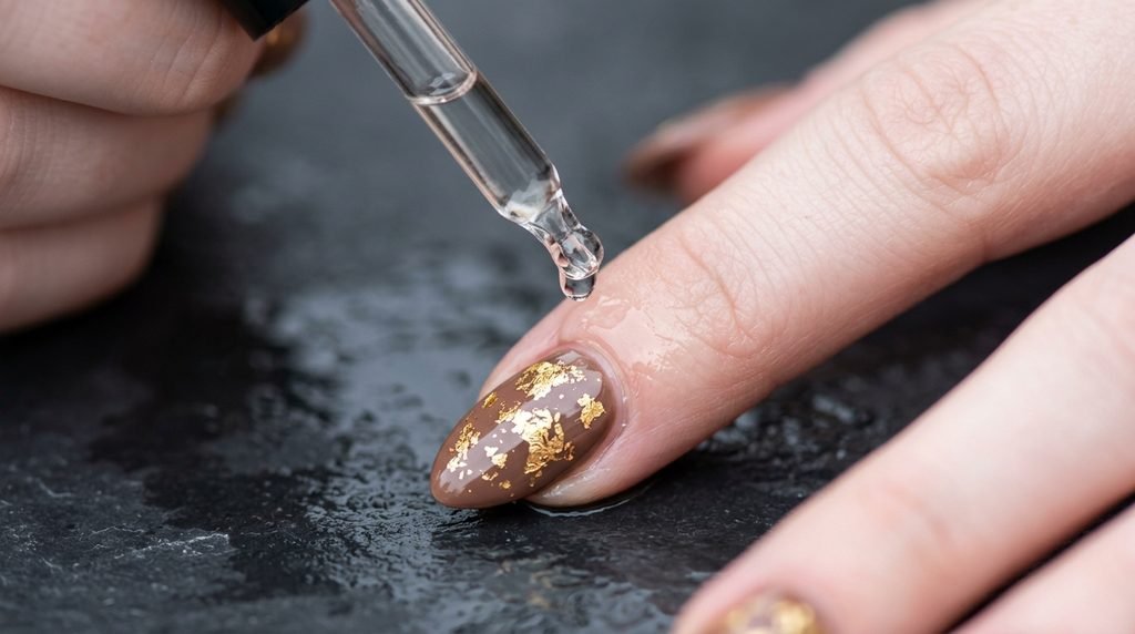 Applying cuticle oil to a manicured mocha nude nail with gold leaf accents on fair skin.