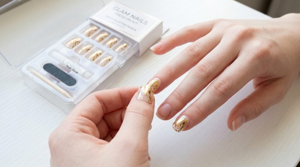 An 18-year-old female hand with very white skin tone applying a gold splatter press-on nail over natural fingernails.