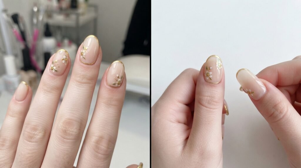 Split image comparing professionally manicured sheer nude gold rim nails on very white skin with a single matching pre-designed press-on nail.